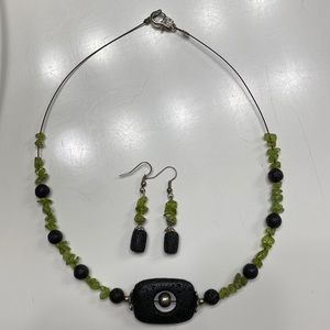 Hand made lava stone and green bead earrings & necklace set. Never worn.